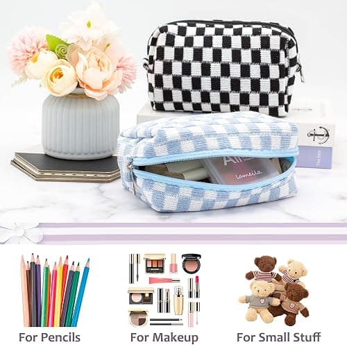 PAZIMIIK Checkered Makeup Bag for Purse Portable Zipper Make Up Pouch Small Cosmetic Case for Travel Accessories (Blue) - Blue thumbnail 4