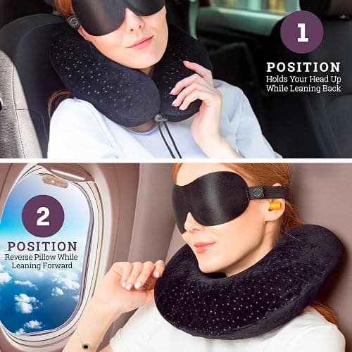 Aeris Memory Foam Travel Pillow for Airplanes - Best Airplane Neck Pillow for Long Flights - Plane Accessories Carry Bag to Save Space, Ear Plugs and Eye Mask - Perfect Flight Set & Gift thumbnail 3