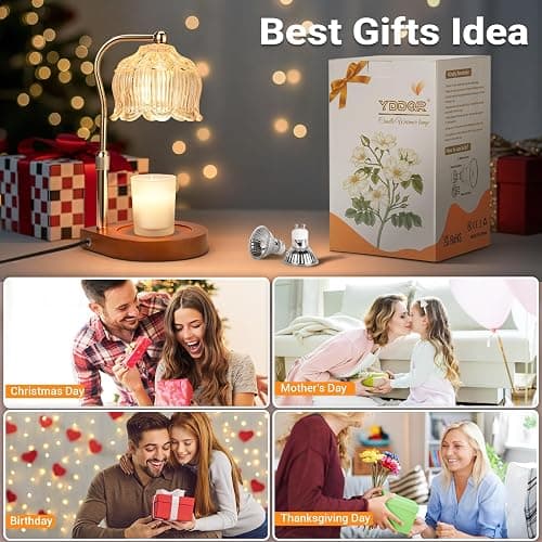 Candle Warmer Lamp with Timer Dimmer, Adjustable Height Candle Lamp Warmer for Jar Candles, Flower Glass Wax Melt Warmer with 2 Bulbs, Flameless Home Decor Gifts for Women Mom, Housewarming thumbnail 7