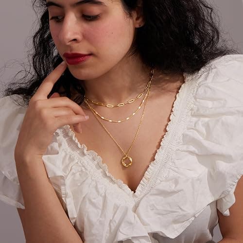 Poxtex Layered Gold Necklaces for Women,Stackable Dainty 14K Gold Silver Plated Trendy Circle Paperclip Chain Pendant Choker Necklace,Simpl Diamond Cross Bow Jewelry Set Gifts for Women thumbnail 4