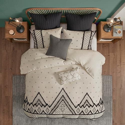 Ink+Ivy Marta Flax Linen/Cotton Comforter Set, Modern Boho Design with Trim Accent, Modern Casual, Breathable All Season Bedding with Matching Shams, Full/Queen(88"x92"), Natural 3 Piece thumbnail 3