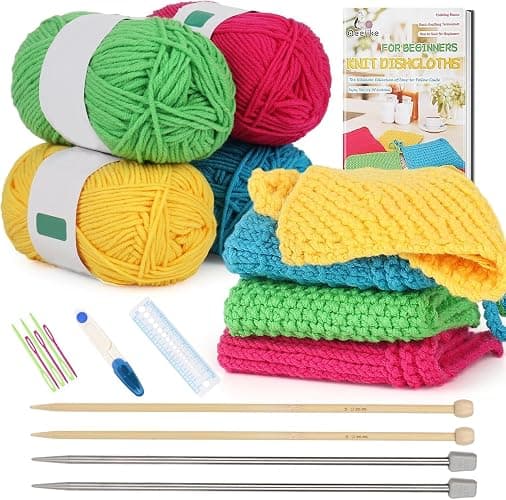 Aeelike Knitting Kit for Beginners, Complete Beginner Knitting Kit Easy Knitting Set Including Knitting Needles Set Cotton Yarn, Learn to Knit Dishcloth with Step-by-Step Instructions, Colorful - Image 1