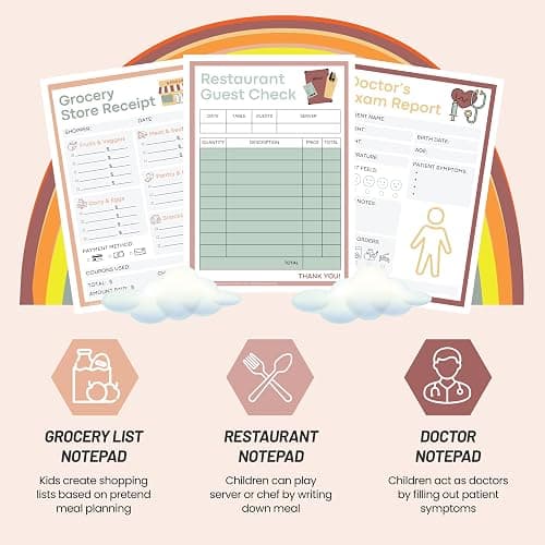 Pretend Play Notepads - 6-Pack Kids Play Pads - 50 Pages Each of Ice Cream Shop, Doctor, Zoo Keeper, Grocery List, Restaurant & Student Reports for Imaginative Role Play thumbnail 5