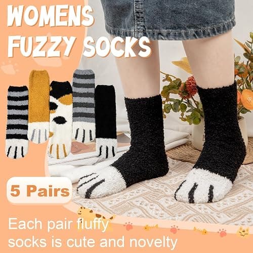 YSense Fuzzy Socks for Women 5 Pairs Warm Fluffy Winter Stocking Soft Cute Cat Animal Socks thumbnail 5