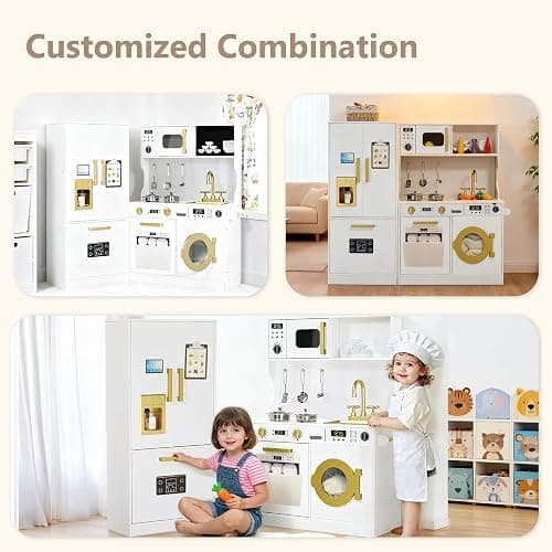 Kinder King Wooden Kids Play Kitchen Set, Cookware Accessories, White | Transparent Coloring Board, Pretend Fridge, Toy Kitchen Playset w/Washing Machine, Realistic Kitchen Sets Gift for Ages 3+ thumbnail 3