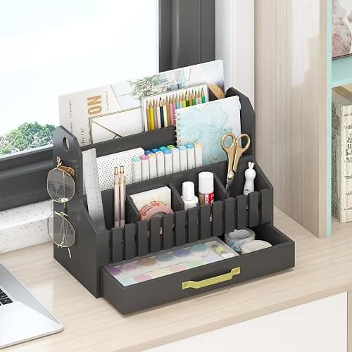 Bamboo Mail Organizer Countertop with Drawers, Wood Desk File Organizer Desktop Paper Organization Storage Bill & Letter Sorter Holder for School Home Office Supplies, No Assembly Required (Black) thumbnail 6