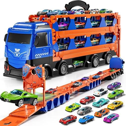 GYYCKTD Cars Truck Set Transport Toy for Kids, Race Track Set with 12 Die-Cast Cars, Trucks Playset, 2-Tier Launching Tracks, Carrier Toy for Boys Girls Birthday Gifts for Boys Ages 1-3 2-4 3-5 4-7 thumbnail 9