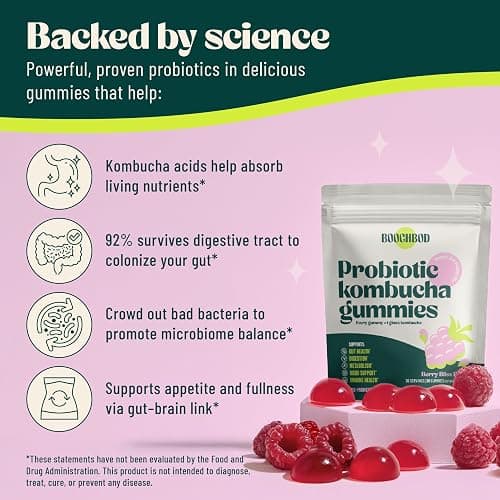 BoochBod - Probiotic Kombucha Gummy - Prebiotics, Probiotics, Postbiotics, Fiber Supplement, Slippery Elm, Dandelion Root, MCT Oil, for Bloating, Gut Health - Probiotics for Women and Men thumbnail 2