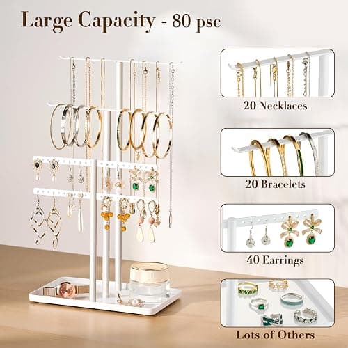 pickpiff Jewelry Stand Organizer, 14.5" Tall Sturdy Metal, 3-TierJewelry Holder for Necklace, Earring, Bracelet, Ring, Hanger for Display and Storage, Aesthetic Room Decor, White thumbnail 4