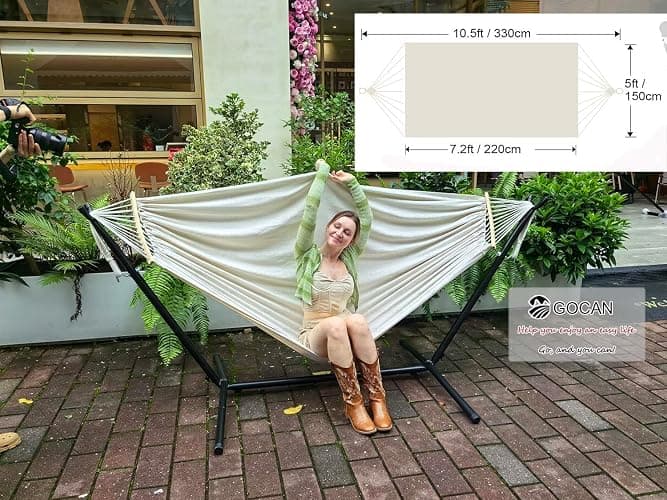 GOCAN Double Hammock 2 Person Extra Large 220x150cm Total Length 330cm Load 500lb Canvas Cotton Hammock for Patio Porch Garden Backyard Lounging Outdoor and Indoor with Removable Spreader bar thumbnail 3