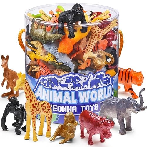 Yeonha Toys 60 Piece Mini Zoo Animal Toy with Gift Box, Realistic Small Plastic Animal Figure Sensory Bins, Jungle Party Favors, Cupcake Topper, School Education, Birthday Gifts for Kids Toddlers - Image 1