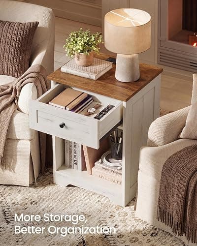 VASAGLE Nightstand with Charging Station, 1 Drawer and Open Shelf | Wood End Table, 15.7 x 11.8 x 23.2 in, Rustic White and Honey Brown, Bedroom and Living Room, SIREN Collection ULET628WJ01S thumbnail 5