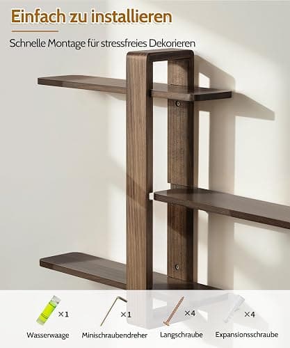 SUMGAR Wandregal Holz Walnussfarbe, Schweberegal, Hängeregal Größer, Praktische Dreistöckig Dekorative Regale aus Massive Holz für Wohnzimmer Schlafzimmer, Abnehmbarer Bretter, 50x58cm thumbnail 9