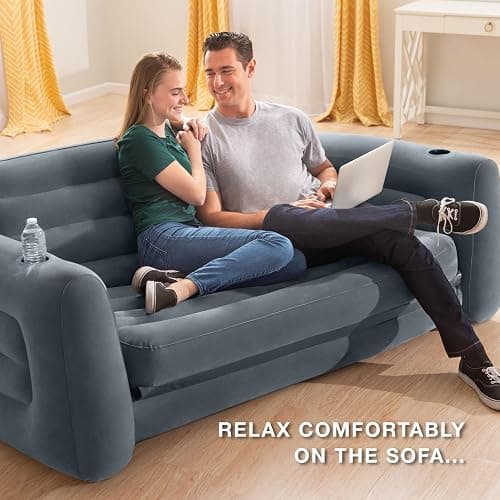 Intex Inflatable Pull-Out Sofa: Velvety Surface, 2-in-1 Valve, Cupholder, 46" x 88" x 26" - Blow-Up Couch and Folding Queen Size Air Mattress Bed thumbnail 4