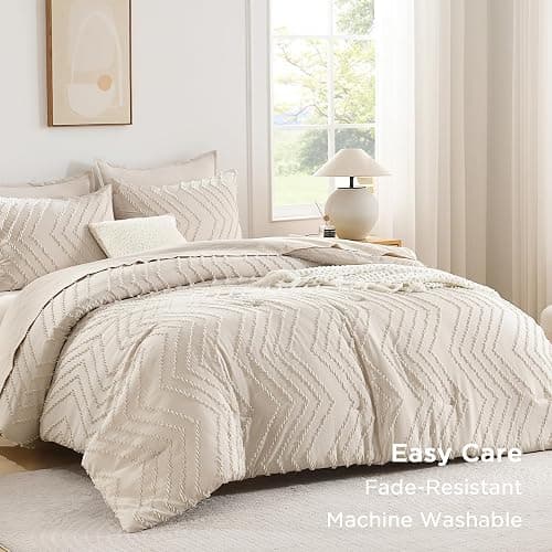 Andency Comforter Full Size Set, Beige Boho Cream Soft Warm Tufted Neutral Bedding Comforter Sets for Full Size Bed, 3 Pieces Aesthetic Chevron Farmhouse Cute Bohemian Textured Bedding Set thumbnail 3
