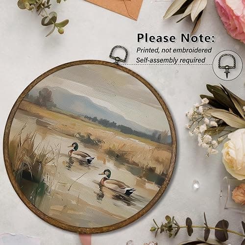 Qskjre Vintage Mallard Duck Wall Art Decor, Nursery Cottagecore Duck Pond Hunting Round Wood Framed Canvas Picture Wall Art, Rustic Bird Hunter Hanging Prints for Woodland Room Decorations 10"x10" thumbnail 6