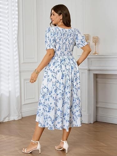 SCOMCHIC Plus Size Summer Dresses for Women Boho Floral Puff Sleeve Sweetheart Neck Ruched Bust Flowy A-Line Sun Midi Dress thumbnail 5