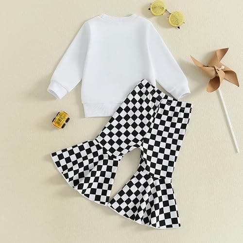DSOKUHIB Toddler Baby Girl Race Car Outfit Letters Long Sleeve Sweatshirt Checkered Bell Bottom Pants Set Fall Winter Clothes thumbnail 5