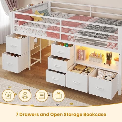 ADORNEVE Low Loft Bed Twin Size with 7 Storage Drawers, Bookcase and LED Lights, Metal Kids Loft Bed with 14" H Safety Guardrail,Inclined Ladder and Play Curtain, Under-Bed Play Space, White thumbnail 4