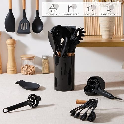 E-far Black Kitchen Utensils Set with Holder, 25-Piece Silicone Cooking Utensil Set with Wooden Handle for Nonstick Cookware, 446°F Heat Resistant Kitchen Tool Spatula Tongs Whisk, Non-toxic & Healthy thumbnail 2