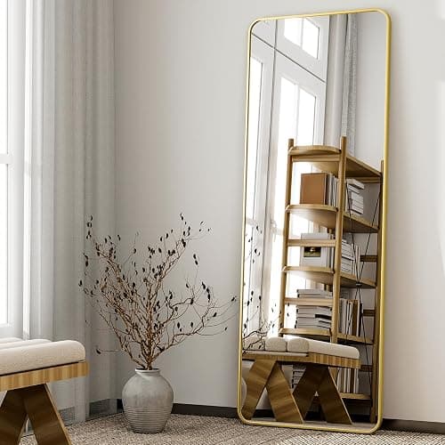 HARRITPURE 56" x 21“ Full Length Mirror - Rounded Corner Floor Mirror with Stand, Gold Aluminum Frame Full Body Mirror, Hanging/Leaning/Standing Mirror for Bedroom, Cloakroom thumbnail 7