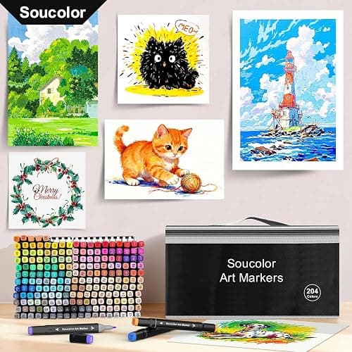 Soucolor Alcohol Markers 204 Colors with Case & Holders, Dual Tips Chisel & Fine Art Markers for Adult Coloring Kids Drawing, Artist Markers Art Supplies for Blending Sketching thumbnail 6