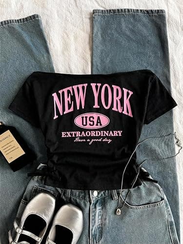 RoseSeek Girl's Off The Shoulder Letter Graphic Tees Short Sleeve Ruched Bowknot T Shirts Cute Crop Tops thumbnail 3