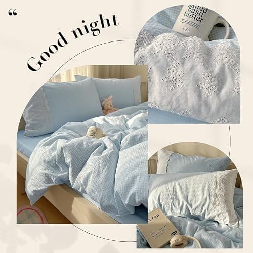 mixinni Blue Gingham Duvet Cover Full Size - 3 Piece Cottagecore Plaid Bedding Set with Lace Trim, Soft Washed Microfiber Vintage Aesthetic Grid Comforter Cover & Pillow Shams, (Blue White Gingham) thumbnail 5