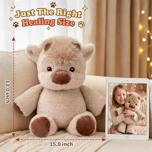 Highland Cow Running Plush, 16.5 Inch Interactive Stuffed Animal, Khaki | Soft PP cotton filling, movable legs, battery free running motion, 16.5 inch khaki Highland cow for cuddling and desk decor thumbnail 2