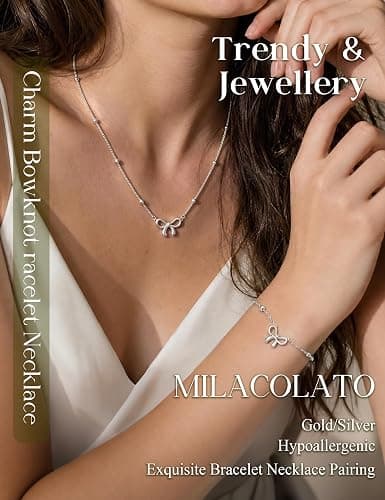 MILACOLATO Jewellery Set for Women Gold Silver Necklace and Bracelet Set | 14K Gold Plated Hypoallergenic Chorker Necklace Link Chain with Bow CZ Four Leaf Clover Dainty Wedding Bride Jewelry Set thumbnail 2