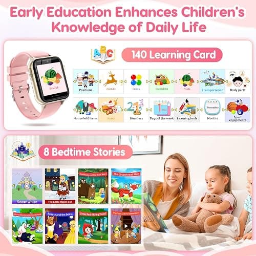 cjc Smart Watch for Kids Gift for Girls Ages 4-12 - Includes Screen Protector, 30+ Games, 140 Learning Cards, HD Touch Screen, Camera, Music, Pedometer - Fun & Educational Birthday Gift Idea (Pink) thumbnail 6