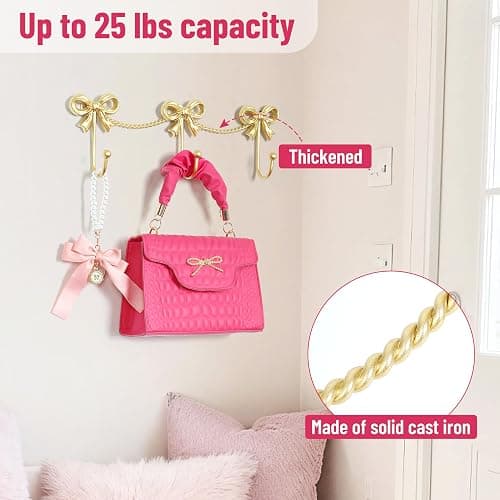 KYIAANY Gold Bow Hooks for Girls: Cute Triple Bows Hooks Wall Mount for Nursery Bedroom Bathroom for Hanging Towel Bag Robe Jewelry - Metal 3 Hooks Coquette Room Decor for Girly Daughter Kids Baby thumbnail 4