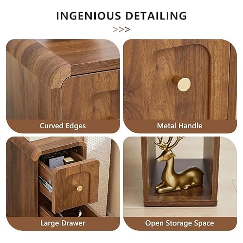 MAHYIZYI Narrow Nightstand with 2 Drawers, Small Bedside Tables, Mid-Century Modern Slim Night Stand with Storage, Wooden End Table for Small Spaces, Bedroom, Living Room (Walnut-1PCS) thumbnail 4