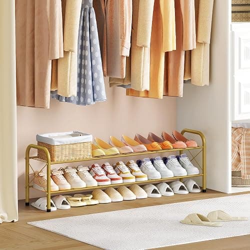 Hoctieon 2 Tier Shoe Rack for Closet, Durable Mesh Style Shoe Rack, Entryway Shoe Shelf, Shoe Storage Organizer for Hallway, Bedroom, Living Room, Wardrobe, Gold thumbnail 6