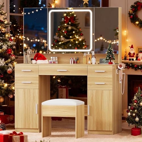 Vanity Desk with Mirror and Lights, Tri-Folding Mirror Makeup Vanity with 7 Drawers, Large Vanity Table Set with 3 LED Light Modes and Cushioned Stool, Power Outlet, Perfect for Bedroom, Oak thumbnail 8