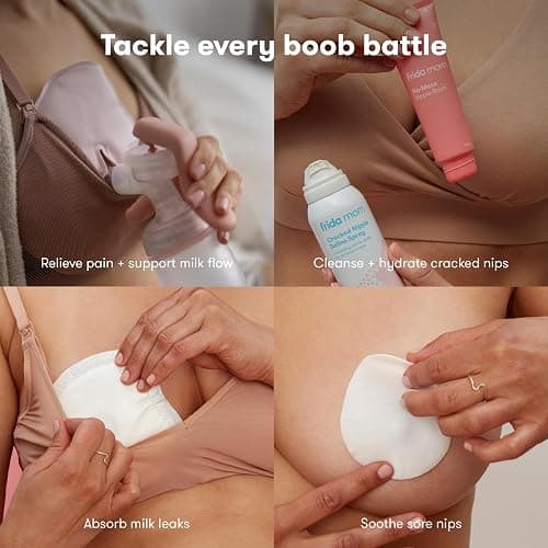 Frida Mom Breastfeeding Survival Kit for Nursing Moms, Reusable Hot+Cold Breast Relief Packs, Hydrogel Nipple Pads, Cracked Nipple Saline Spray, Nipple Balm, Nursing Pads, 13 Piece Gift Set thumbnail 4