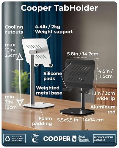 COOPER TabHolder, 7-10" Height Adjustable Tablet Stand, Premium iPad Stand for Desk, 270° Tilt iPad Holder, Kindle Holder, 15.6-17" Portable Monitor Support (White) thumbnail 8