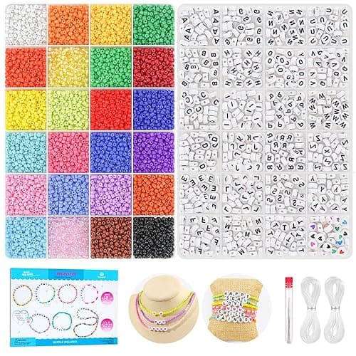 Dowsabel Friendship Bracelet Kit, 10000 Pcs 3mm Glass Seed Beads for Bracelets Making Kit with Letter Alphabet Beads A-Z, 8/0 Craft Bead for Jewelry Making Necklaces and Key Chains with Needle Cord
