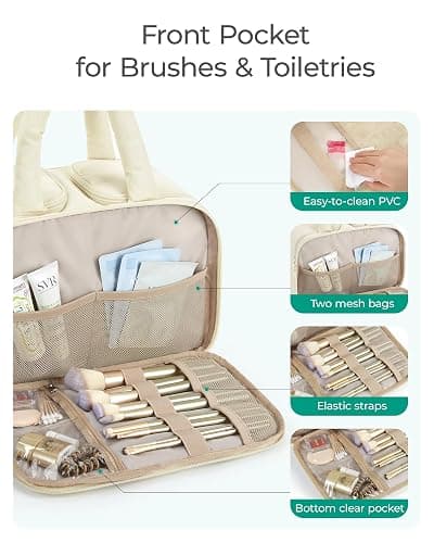 BAGSMART Travel Toiletry Bag, Puffy Large Toiletry Bag for Women, Lightweight Cosmetic Makeup Bag Organizer with Handle for Traveling, Accessories, Essentials, Toiletries （Beige thumbnail 4