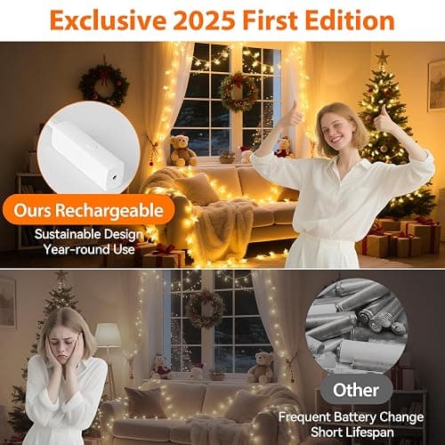 Rechargeable Star Fairy Lights Battery Operated with 8 Modes, 17FT 50LED String Lights Indoor with Timer, Twinkle Lights for Bedroom Dorm Tent Wedding Party Christmas Decorations, Warm White thumbnail 2