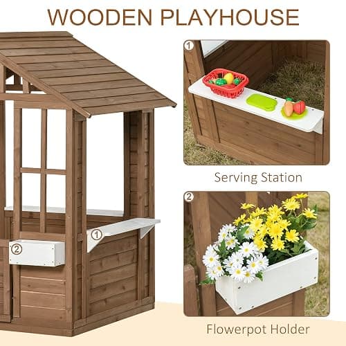 Outsunny Kids Outdoor Playhouse, Wooden Cottage with Door & Windows, Brown | Flower pot holder and boxes, garden games cottage for ages 3-8 thumbnail 5