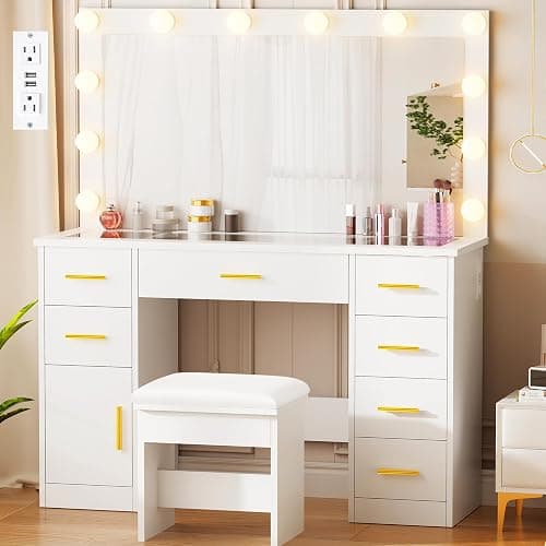 ANWBROAD Large Vanity Desk with Lighted Mirror White Makeup Vanity Set with Glass Top & Power Outlet & 7 Drawers Storage 3 Color Lighting Modes Dressing Table with Stool for Bedroom Women Girl UBDT83W - Image 1