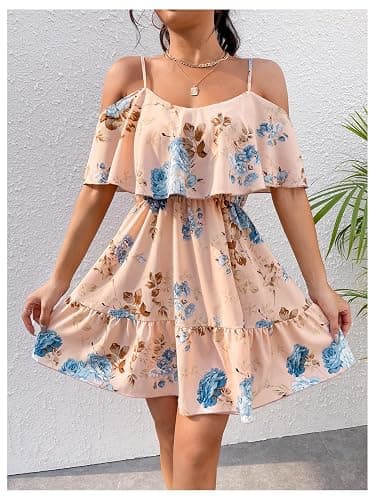 SOLY HUX Women's Boho Floral Print Cold Shoulder Dress Short Sleeve Ruffle A Line Vacation Elegant Mini Dresses thumbnail 5