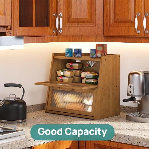 viewcare Extra Large Bread Box, Double Layer Bread Box for Kitchen Counter, Bamboo Wood Large Capacity Bread Storage Bin with Acrylic Wavy Door Panel thumbnail 2
