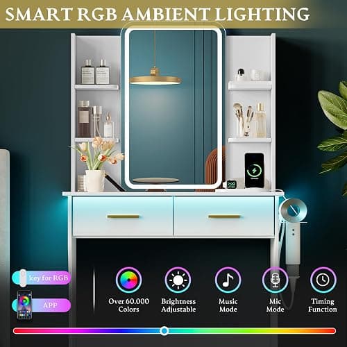 Xixini Vanity Desk with LED Lights Mirror & Power Outlet, Small Makeup Vanity Table Set with Storage Drawers, 3 Lighting Modes & Adjustable Brightness, Dressing Table for Women Girls Bedroom, White thumbnail 4