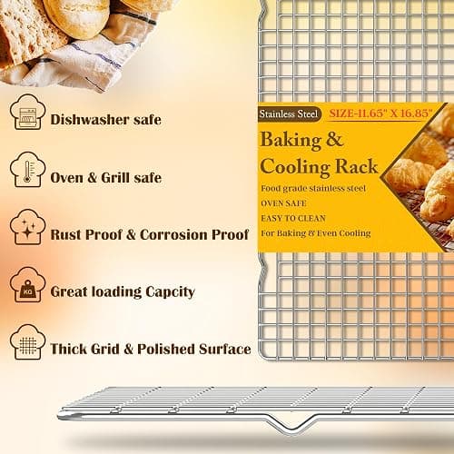 2PCS Cooling Racks for Cooking and Baking -11.65''x16.85''Heavy Duty Stainless Steel Wire Rack for Baking, Grilling, Roasting - Oven & Dishwasher Safe - Fits Half Sheet Pan（Silver） thumbnail 3