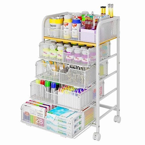5-Tier Craft Organizer Cart with 5 Sets of DIY Dividers,Craft Organizers and Storage with Drawers,Lockable Wheels Rolling Utility Cart on Wheels,Art Supply Organizer,Ideal for Studio,Office,White - Image 1