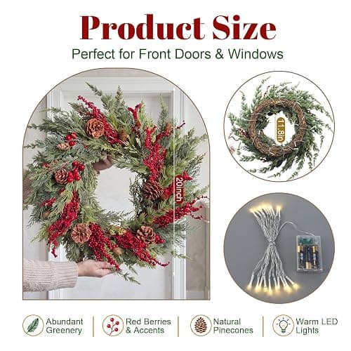 Yinder 20 Inch Christmas Wreath with LED Lights Red Berry Pinecones | 9.8ft LED String, Artificial Pine Cedar with Pinecones, For Holiday Front Door Porch Wall Fireplace Indoor Outdoor Home Decor thumbnail 2