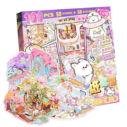 QEF 50 Sets 3D Sticker Scene, 100 Pcs Cute Kawaii Stickers, DIY Scene Sticker Book for Kids and Adults, Make Your Own House Room, Creative Stress Relief Activity Gift thumbnail 8