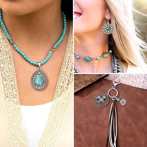 Spritewelry 24Pcs Turquoise Charms Western Charms for Jewelry Making Vintage Antique Silver Pendants Teardrop Flower Flat Round Dangle for Bohemian Necklace Earring Making thumbnail 2